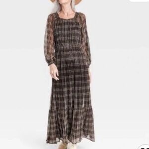 Knox Rose Plaid Metallic Shimmer Peasant Midi Dress Brown Gold Size M Pockets